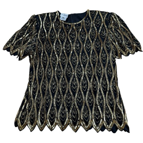 STENAY TOP VINTAGE BEADED SEQUINS SILK ART TO WEAR SCALLOPED SIZE L EMBELLISHED - Picture 3 of 11
